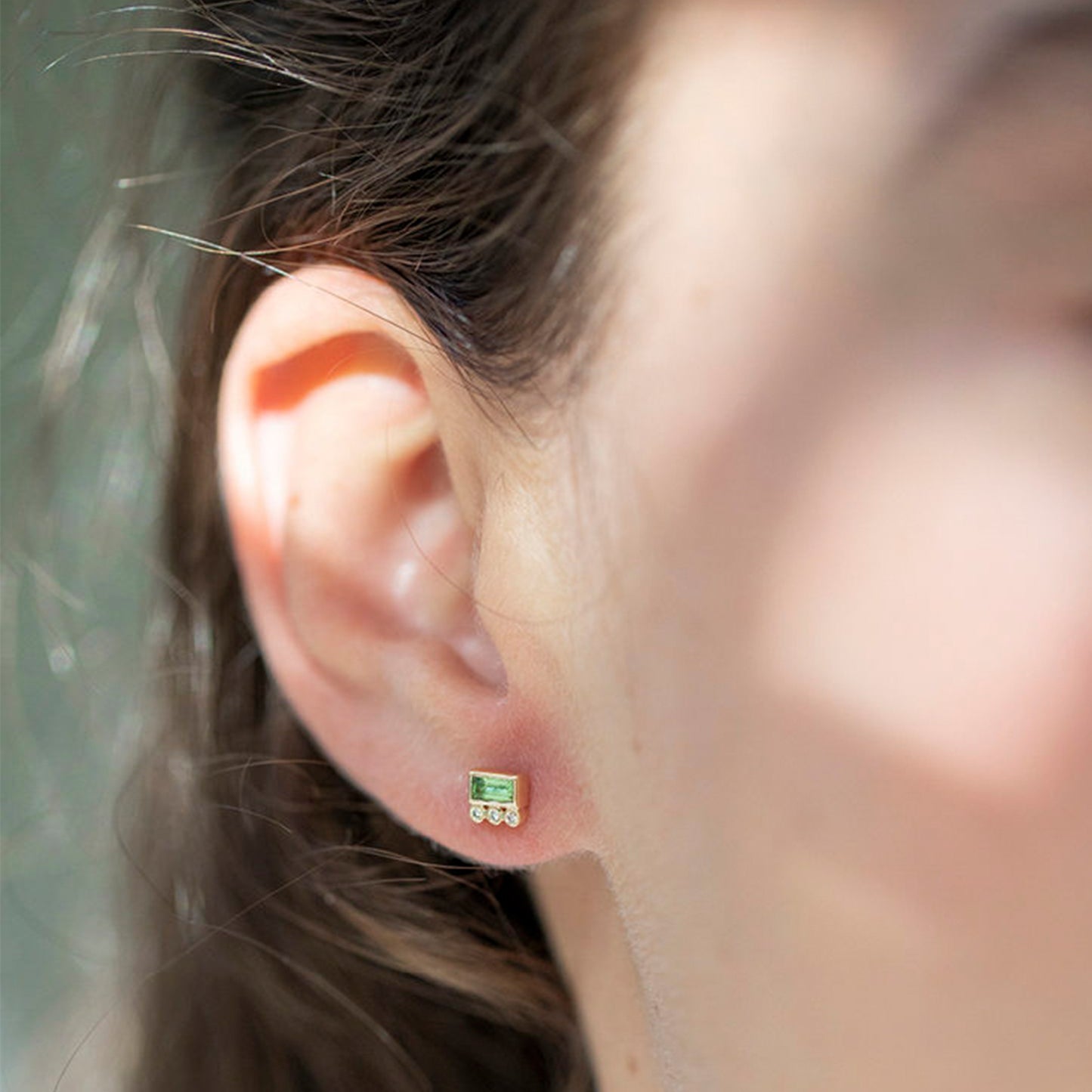 Tourmaline Baguette & Diamond Dotted Stud